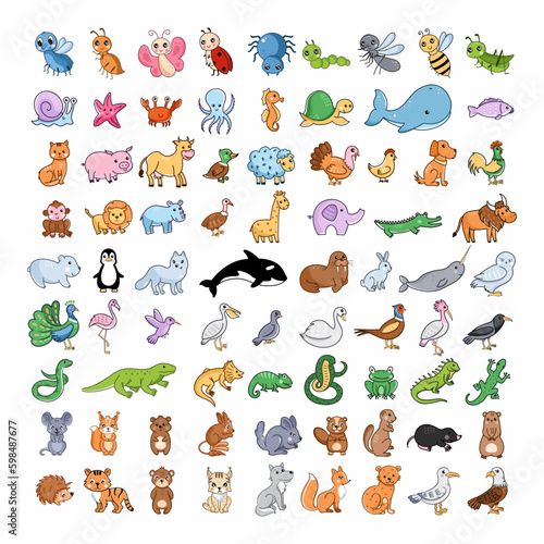 Large set with animals. Zoo collection for children. Vector illustration in cartoon style. Stickers. Africa and Antarctica. Predators, rodents, birds and marine life.