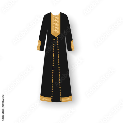 Beautiful arabian abaya dress style. Muslim hijab, islamic female dress. Long dress in gold and black colours.