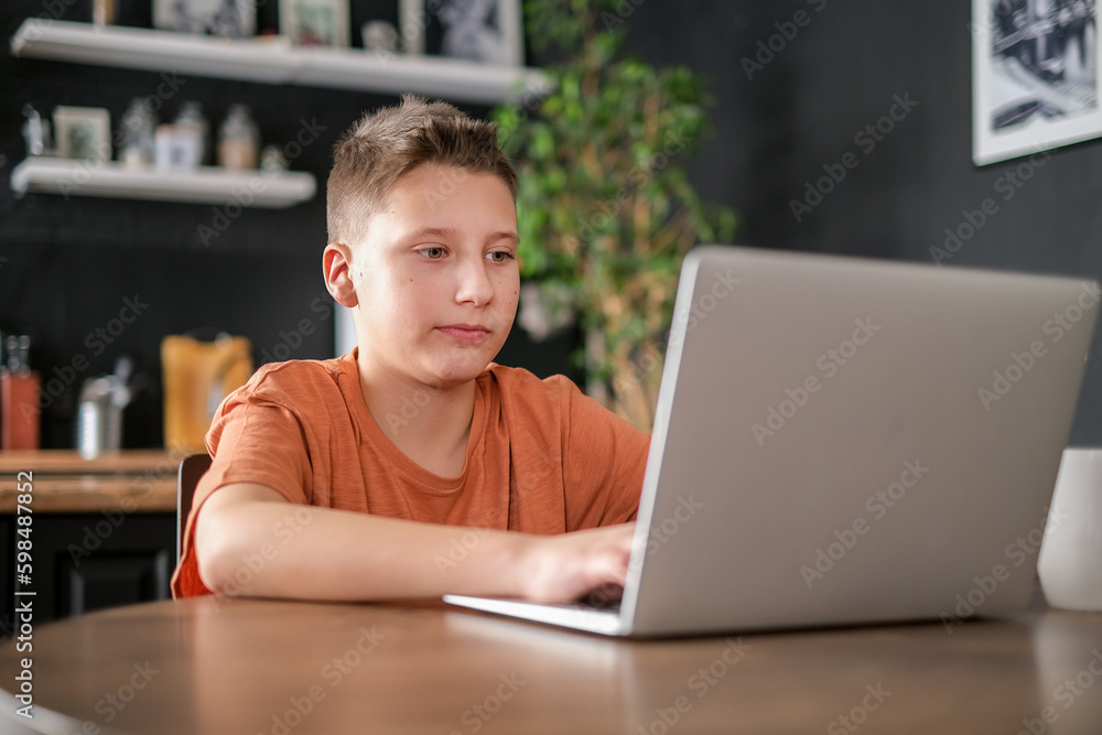 Teen boy study or play game on laptop home interior background. Guy doing homework and typing on laptop Teen boy study or play game on laptop home interior background. Guy doing homework and typing on laptop