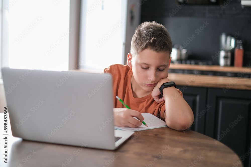Teen boy study or play game on laptop home interior background. Guy doing homework and typing on laptop Teen boy study or play game on laptop home interior background. Guy doing homework and typing on laptop