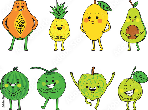 set of funny cartoon fruits. Set of cute fruit characters. Vector illustration in hand drawn style.