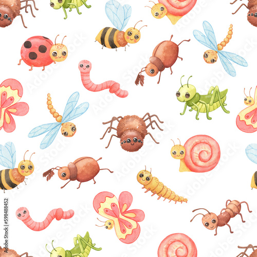Seamless watercolor pattern with Cartoon insects. Cute butterfly, grasshopper and spider. © Elena
