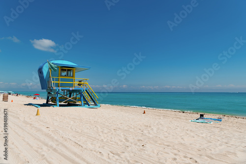 photo of blue lifeguard at miami beach, banner. lifeguard at miami beach. © be free