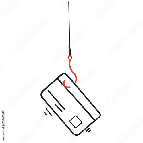 hand drawn doodle fishing hook and credit card symbol for phishing attack illustration vector