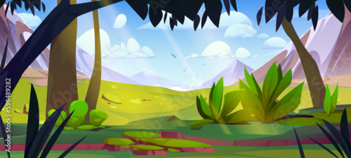 Mountain valley at sunny day. Nature landscape with forest trees and plants, green grass and rocks with ice and snow at summer, flying birds in blue sky with clouds, vector cartoon illustration