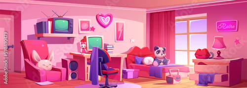 Pink girls bedroom interior with retro furniture. Vector cartoon illustration of teenagers room with computer on desk, armchair and bed with toys, vintage tv, tape recorder and telephone. Cozy home