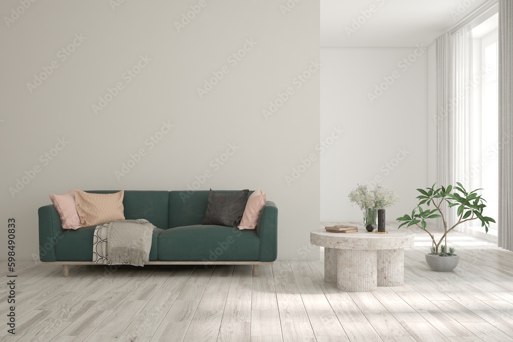 White scandinavian interior design with sofa. 3D illustration White scandinavian interior design with sofa. 3D illustration