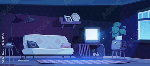 Night vector house vintage living room interior cartoon background. Moonlight from window falling on apartment livingroom retro furniture. 1950s old inside home scenery design concept illustration