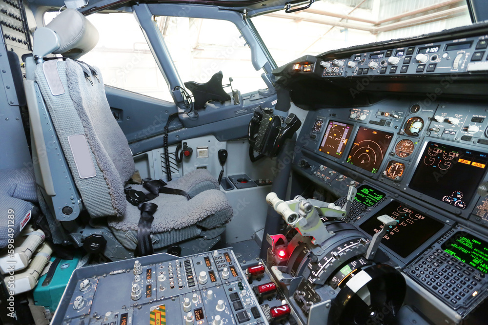 Fototapeta premium Inside the cockpit of a passenger aircraft