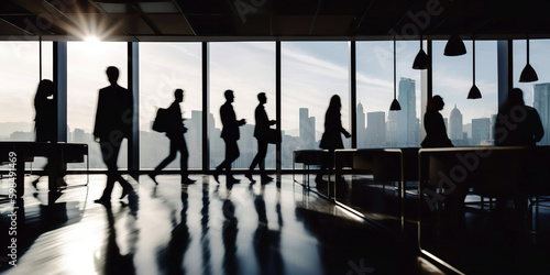 Silhouette group of people walking in office with blurred city background