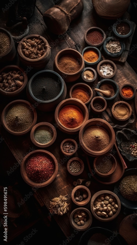 Wooden bowls with spices. Generative AI