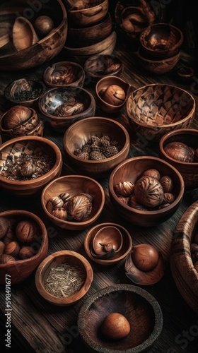 Wooden bowls with spices. Generative AI