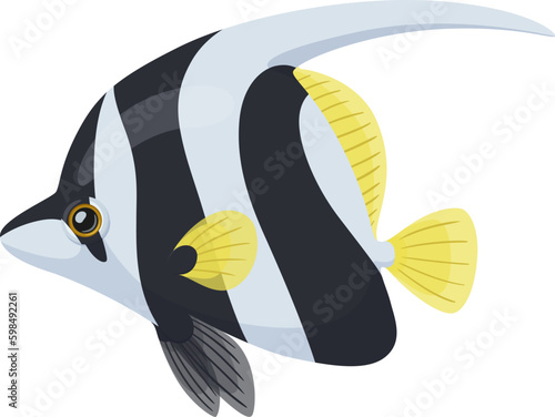 Cartoon tropical butterfly fish Heniochus acuminatus. White and black exotic fish with yellow fins. Aquarium beautiful and cute fish vector illustration isolated on white background