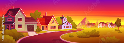 Cartoon town street with mountain sunset on horizon. Vector illustration of suburban village panorama with residential buildings and garages, green lawn, road leading to rocks under orange dusk sky.