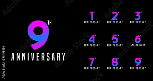 Set of anniversary logo with gradient color for party moment. Trendy and futuristic concept celebration year vector template