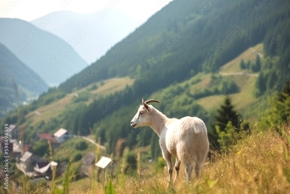 Fototapeta premium Pets at mountain pasture. Ecological rural tourism. Generative Ai content.