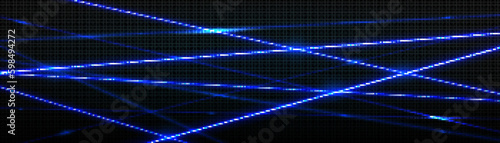 Realistic neon blue laser beams intersecting on black transparent background. Vector illustration of shiny rays glowing in darkness. Bank or museum security system border. Futuristic space weapons