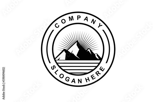 Mountain, Sea Ocean Wave and Sun for Vintage Adventure Outdoor Traveling Label Stamp logo design