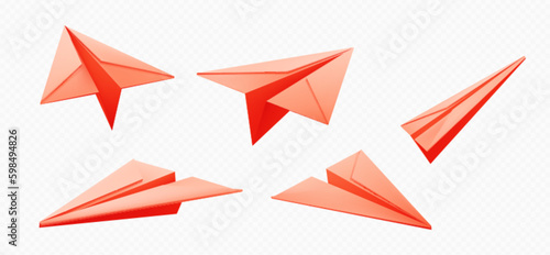 Icons of paper plane flying in air. 3d origami, model of airplane from red folded paper sheet isolated on transparent background, vector realistic illustration