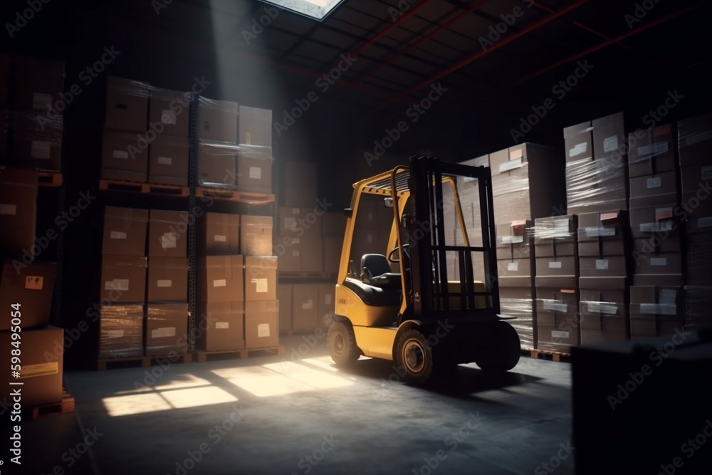forklift delivery box storage cargo sun logistic transportation distribution warehouse. Generative AI. Generative AI