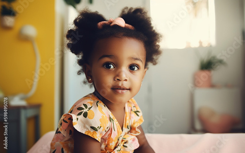 Black dark-skinned african american cute happy smiling girl portrait at home. Generative AI Generative AI