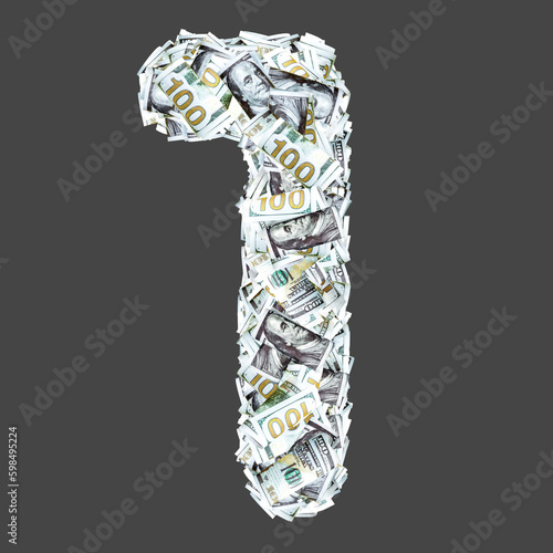 Numbers and signs with dollar paper money banknotes. Isolated on gray background. 