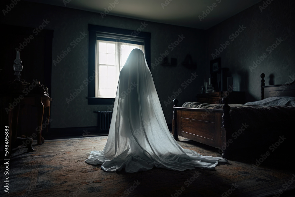 Ghost in a sheet standing in front of a window, Generative AI Ghost in a sheet standing in front of a window, Generative AI