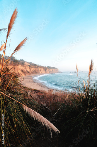 a framed coastal view with hazy sky water and waves crashing cliffs and bushes 