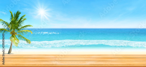 Summer Vacation and Travel Trip Concept : Wooden table with blurred beautiful seascape view and blue sky in background.