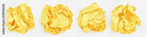 Trash, garbage of crumpled paper balls isolated on transparent background. Concept of rejection idea, mistake, rubbish with wrinkled yellow paper wads, vector realistic set