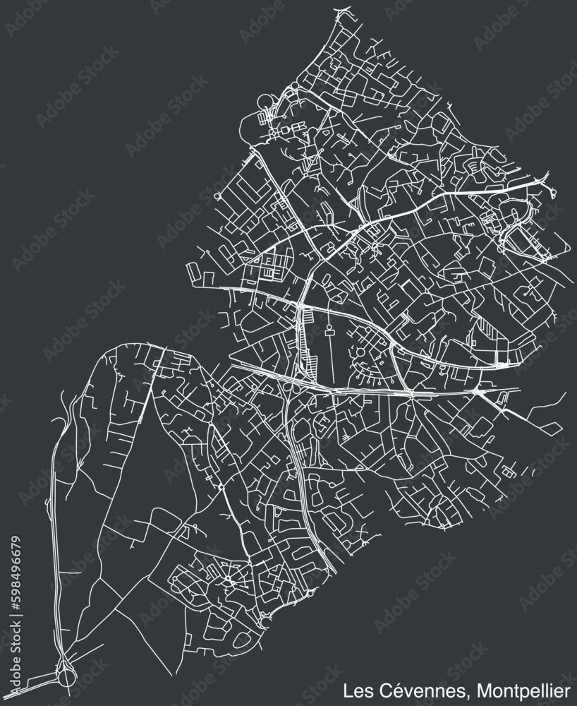 Detailed hand-drawn navigational urban street roads map of the LES CEVENNES QUARTER of the French city of MONTPELLIER, France with vivid road lines and name tag on solid background