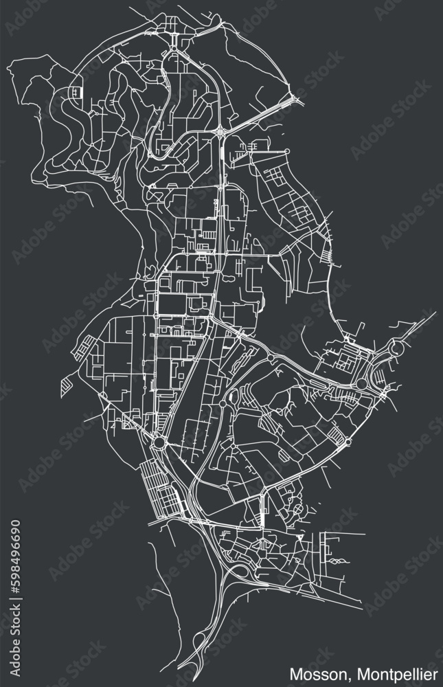Detailed hand-drawn navigational urban street roads map of the MOSSON QUARTER of the French city of MONTPELLIER, France with vivid road lines and name tag on solid background