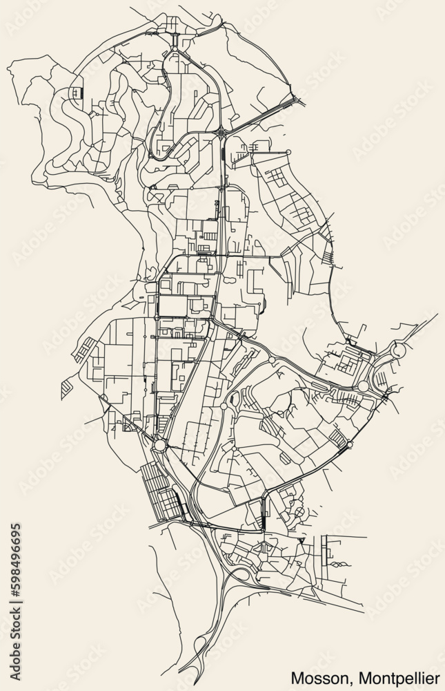 Detailed hand-drawn navigational urban street roads map of the MOSSON QUARTER of the French city of MONTPELLIER, France with vivid road lines and name tag on solid background
