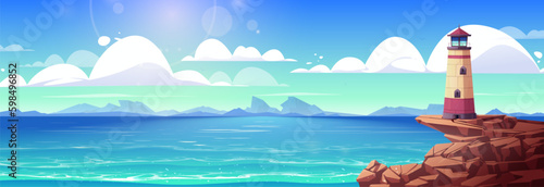 Lighthouse on island cliff sea coast cartoon vector illustration. Beacon on rock beach shore near ocean calm water scene. Marine horizon landscape background. Panoramic seascape view with cloud