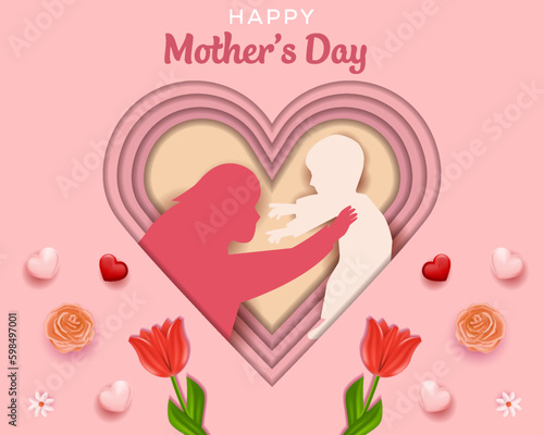 happy mother's day in paper cut art design with flowers
