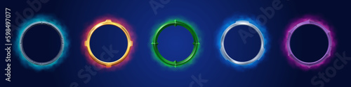 Fantasy game avatar circle frame with smoke effect. Cartoon medieval round metal border set. Gold, silver, stone, green and purple metallic texture isolated menu asset for rpg user illustration.