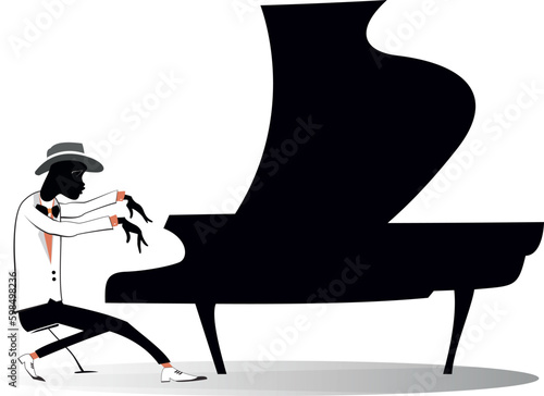 African pianist illustration. 
African musician is playing piano with inspiration. Isolated on white background

