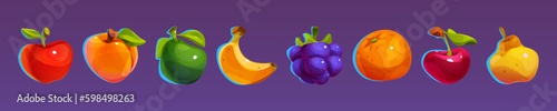 Casino fruit slot machine vector set. Cartoon icon design for match 3 game interface. Glossy and shiny apple, peach, pear, banana and cherry asset gambling lottery isolated illustration collection.