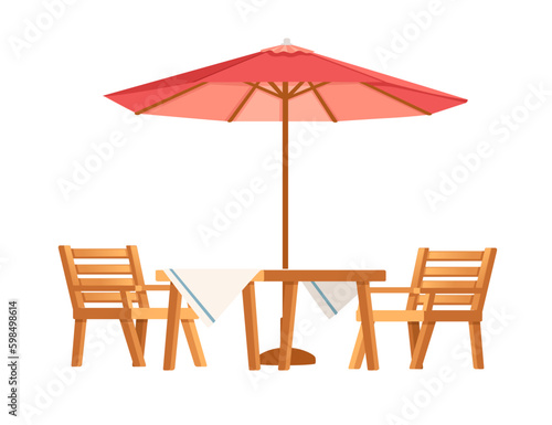 Fototapeta Naklejka Na Ścianę i Meble -  Table with chairs and umbrella for terrace park or cafe vector illustration isiolated on whiteb ackground