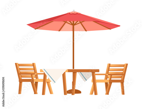 Table with chairs and umbrella for terrace park or cafe vector illustration isiolated on whiteb ackground