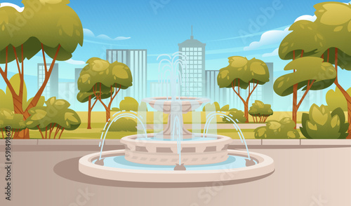 Spring or summer park landscape with trees fountain and modern city on background vector illustration