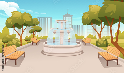 Spring or summer park landscape with trees fountain benches and modern city on background vector illustration