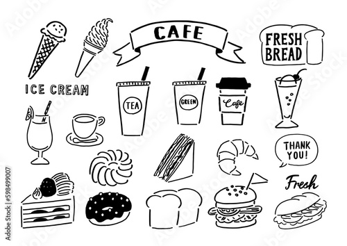 手描きのシンプルなカフェのイラストセット　線描きのアイコン