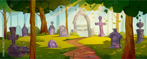 Halloween background with graveyard. Cemetery with tombstones by day. Summer landscape of forest with old gravestones, gates, green trees and grass, vector cartoon illustration