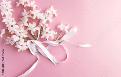 Spring rustic background of pink cloth with white wildflowers  in the style of minimalist still life  water drops  pastel color scheme. Daisies  wedding still life with white ribbon. AI