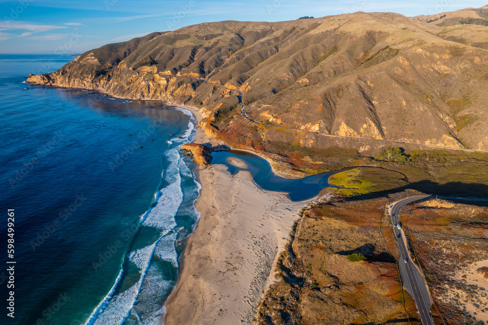 Aerial view of the sea and mountains in Big Sur, California