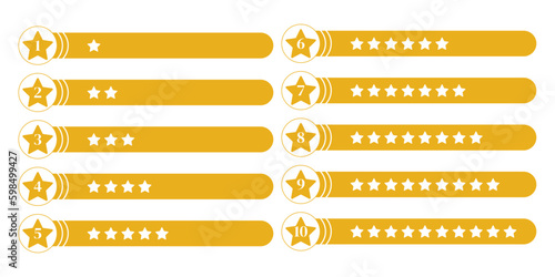 Rating stars badges. Feedback or rating. Rank, level of satisfaction rating. Ten stars customer product rating review. Vector illustration