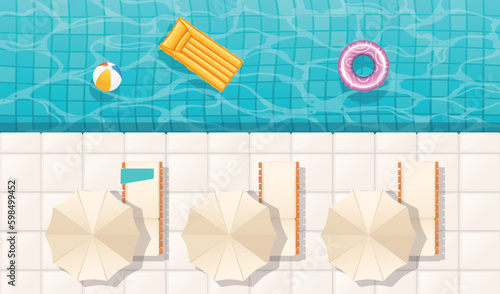 Swimming pool with clear water rubber ring and floating mattress ceramic tiles on the bottom vector illustration