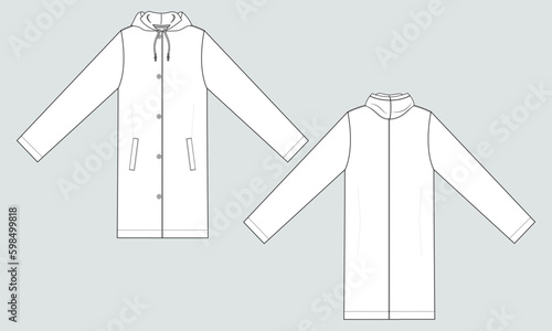 Long sleeve hoodie coat technical drawing fashion flat sketch vector illustration template front and back.