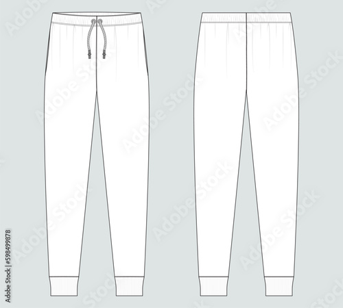 Jersey jogger pants Technical drawing fashion flat sketch vector illustration template front and back views isolated on grey background
